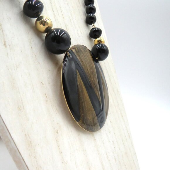 Vintage Black Gold Bead 16" Necklace Reversible Pendant Art Deco Statement - Picture 4 of 7